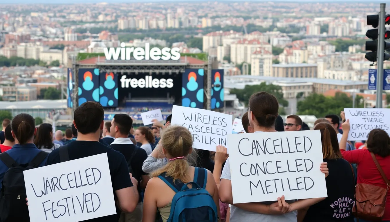 A crowd of disappointed fans stands outside the venue where the Wireless Festival was set to take place, holding signs expressing their frustration over the cancellation.