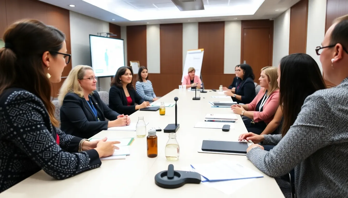 A group of women of diverse backgrounds participates in a community health fair, engaging with healthcare professionals and accessing information about women's health services.