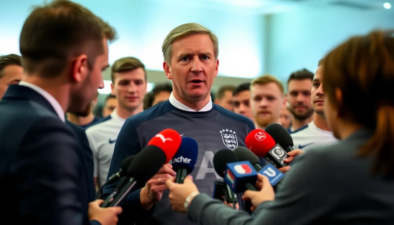 England's national football team trains on the pitch, with players practicing drills and strategies in preparation for the upcoming World Cup.