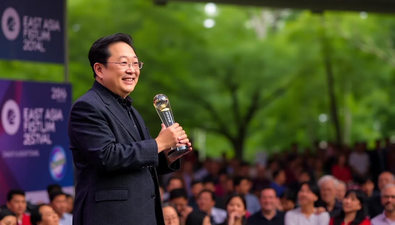 Yuen Wooping receiving the Lifetime Award at the Far East Film Festival, surrounded by fans and industry peers celebrating his significant contributions to cinema
