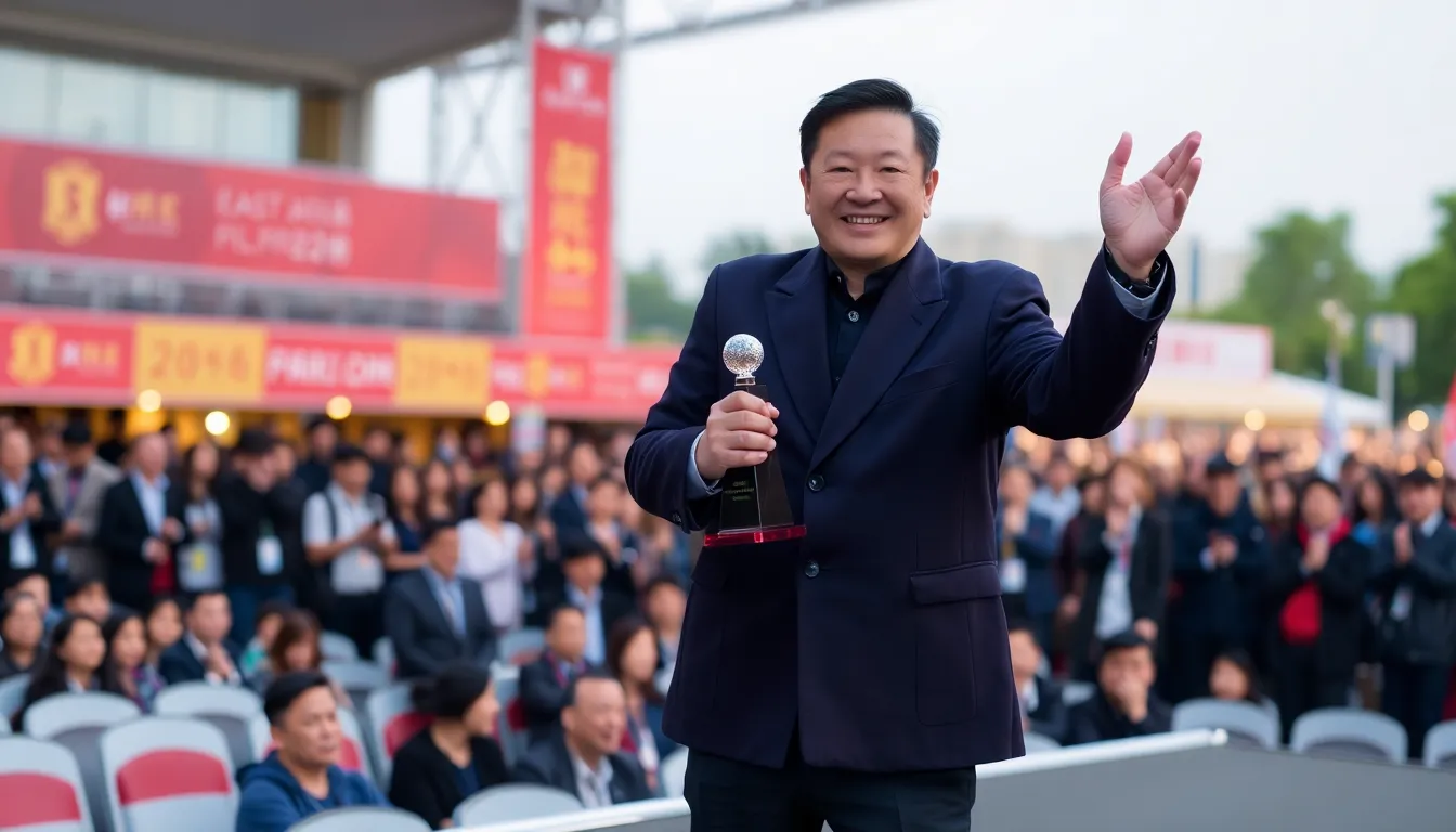 Yuen Wooping stands on stage at the Far East Film Festival, receiving a lifetime achievement award amid applause from the audience.
