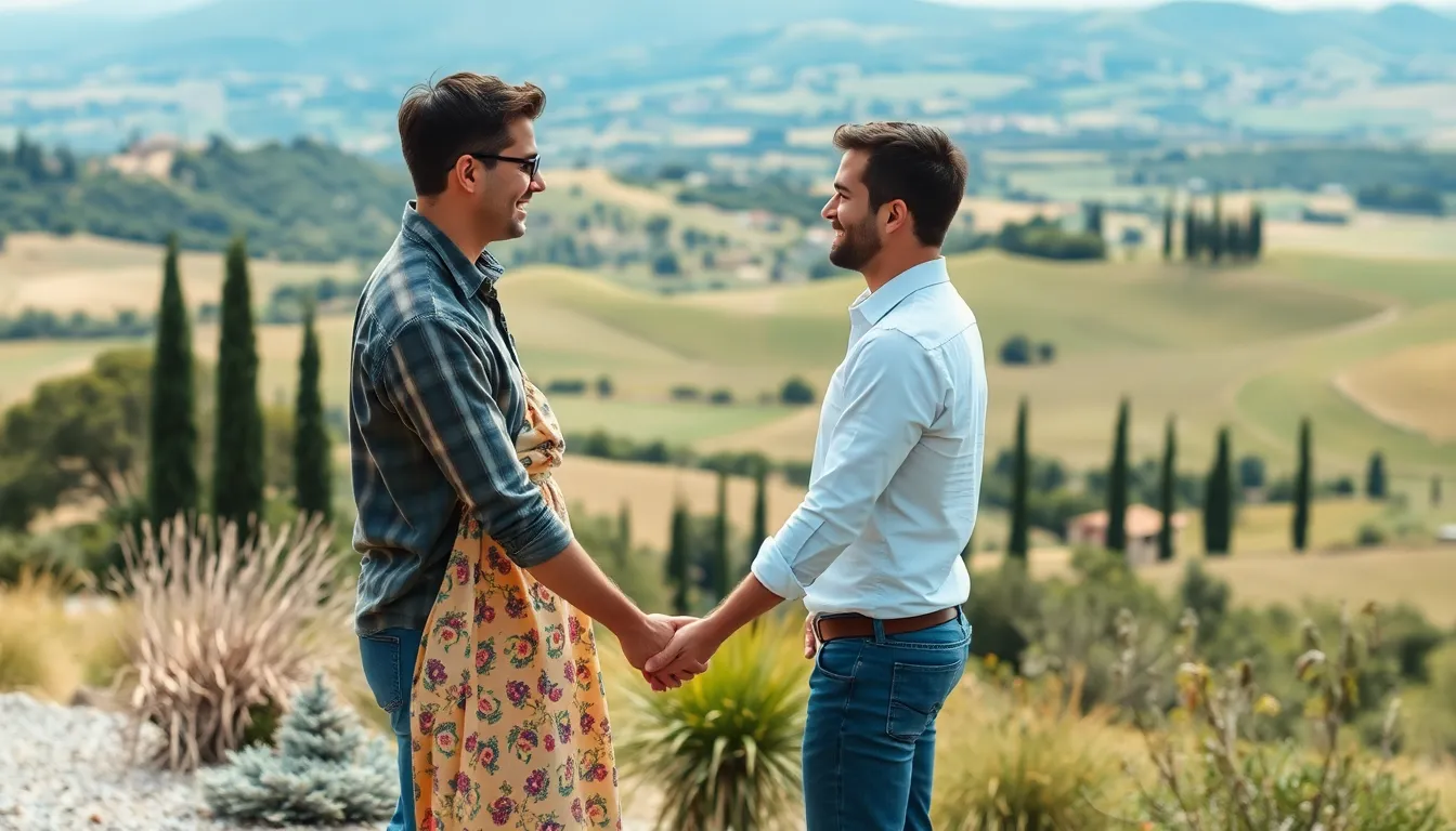 A couple embraces on a sunlit terrace overlooking the rolling hills of Tuscany, surrounded by vibrant vineyards and olive groves.