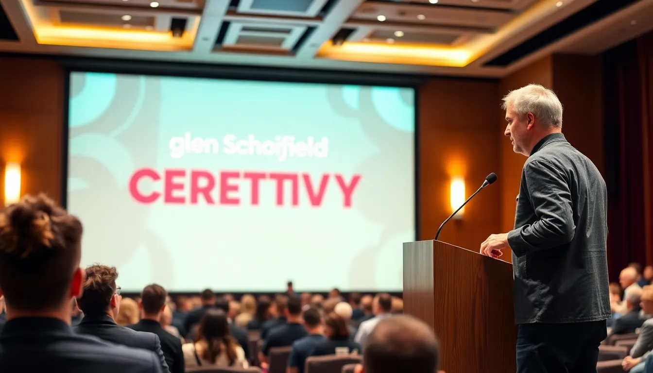 Glen Schofield speaks passionately at a conference, emphasizing the need for creativity in the AAA gaming industry as attendees listen attentively.
