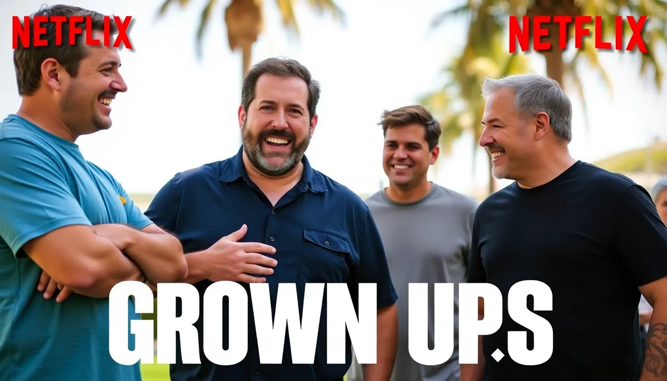 Adam Sandler smiles while standing on a film set, surrounded by crew members discussing the upcoming production of Grown Ups 3.