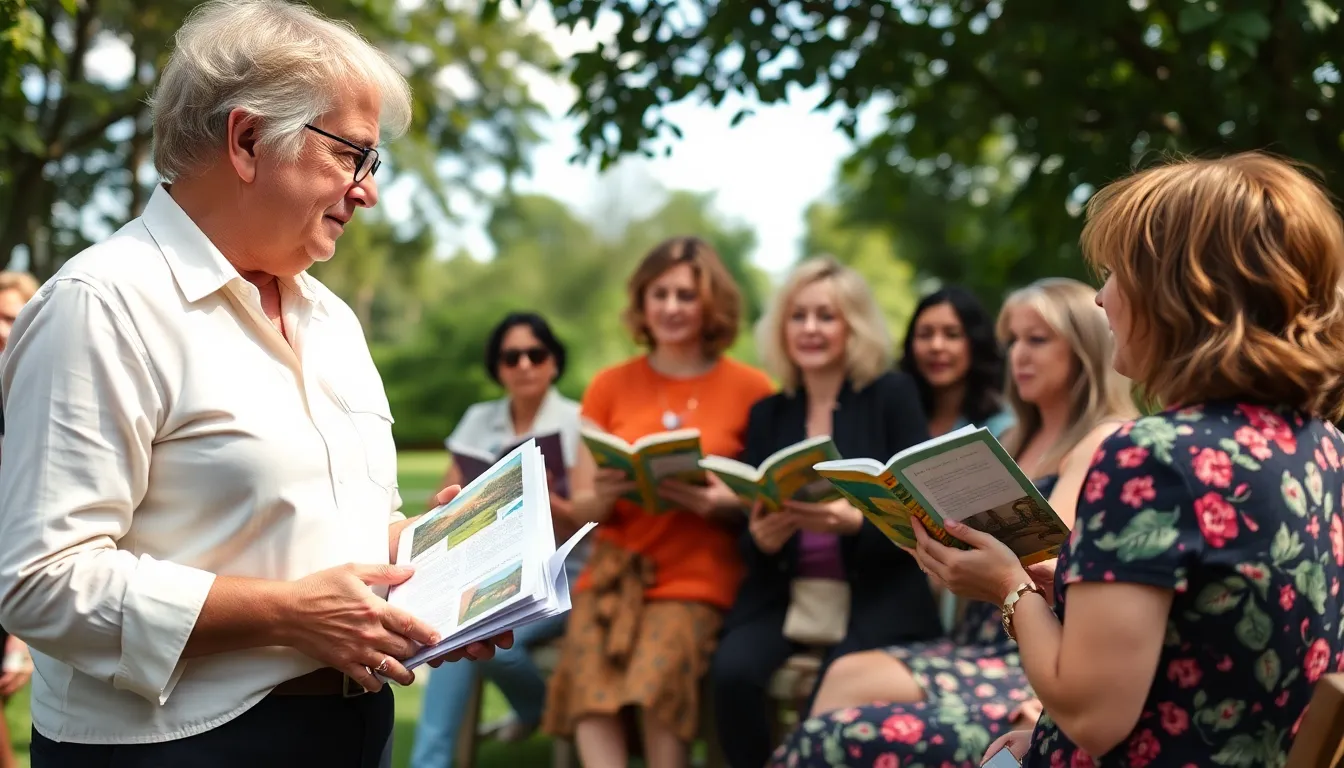 Local farmers engaged in a discussion about sustainable practices at a farmers' market, illustrating the collaboration between agriculture and environmental advocacy in the modern context
