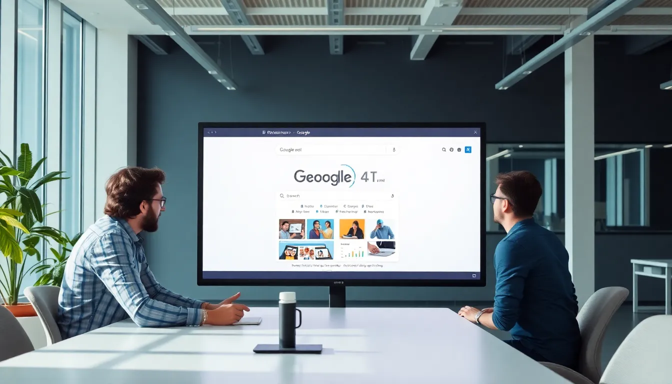A person interacts with a newly designed Google search box on a computer screen, showcasing the updated interface that incorporates advanced artificial intelligence features.