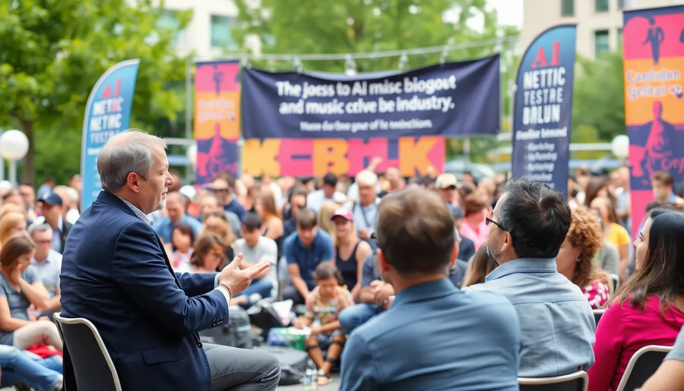 A group of musicians discusses the impact of artificial intelligence on music creation during a panel at a music industry conference.