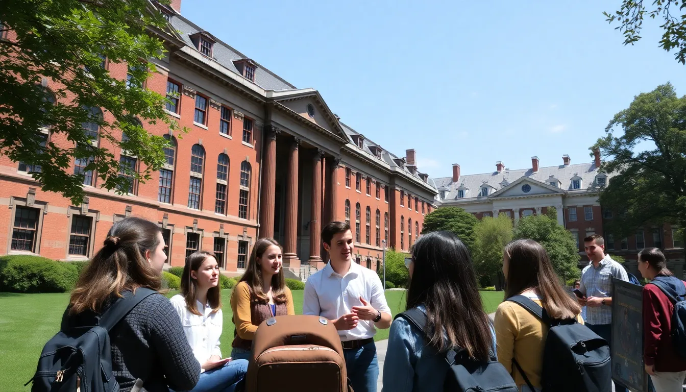 Students gather outside an Ivy League university building, discussing recent changes to academic integrity policies in response to cheating incidents involving AI tools.