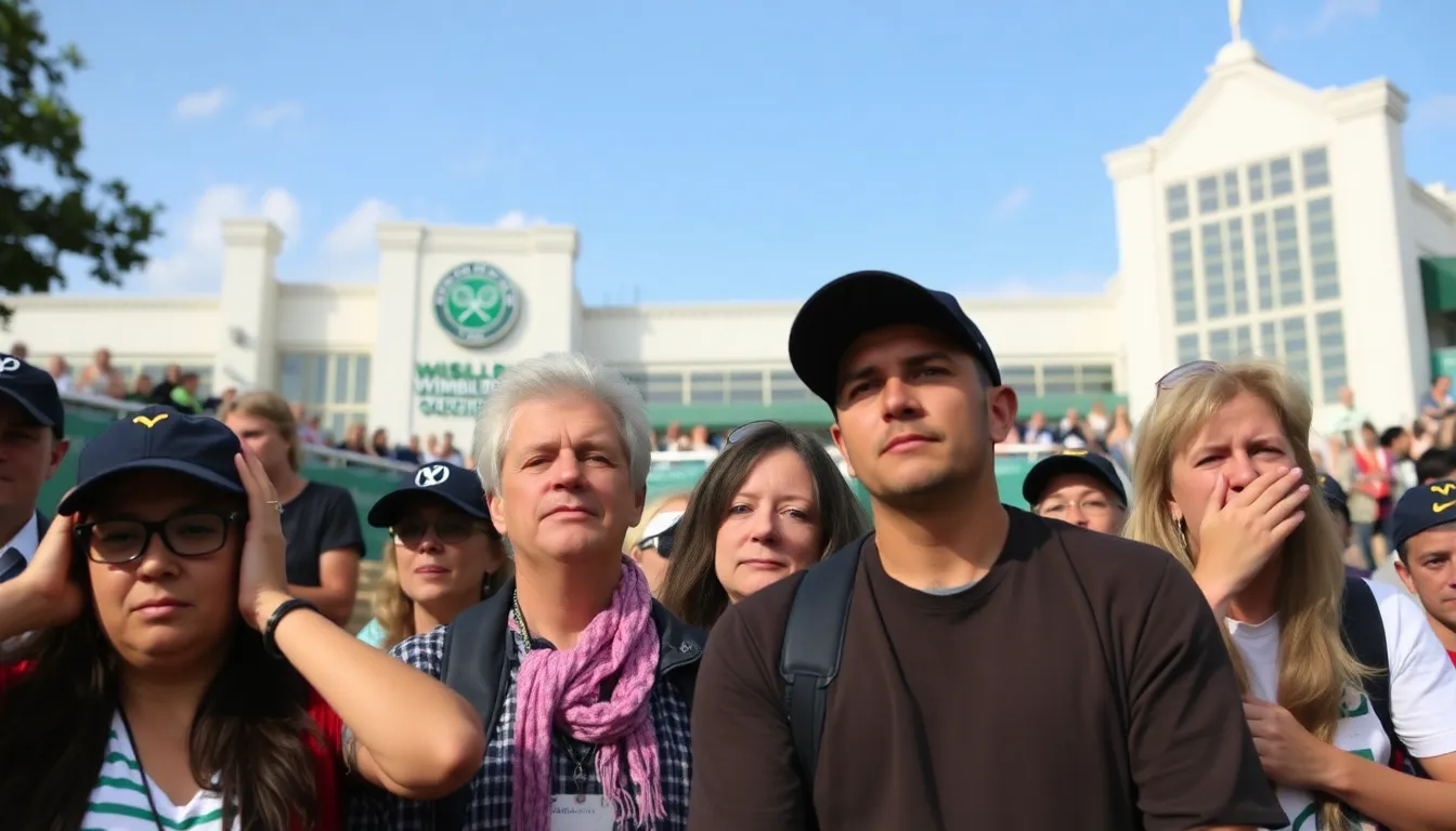 Carlos Alcaraz announces his withdrawal from Wimbledon, surrounded by reporters and fans expressing their disappointment.
