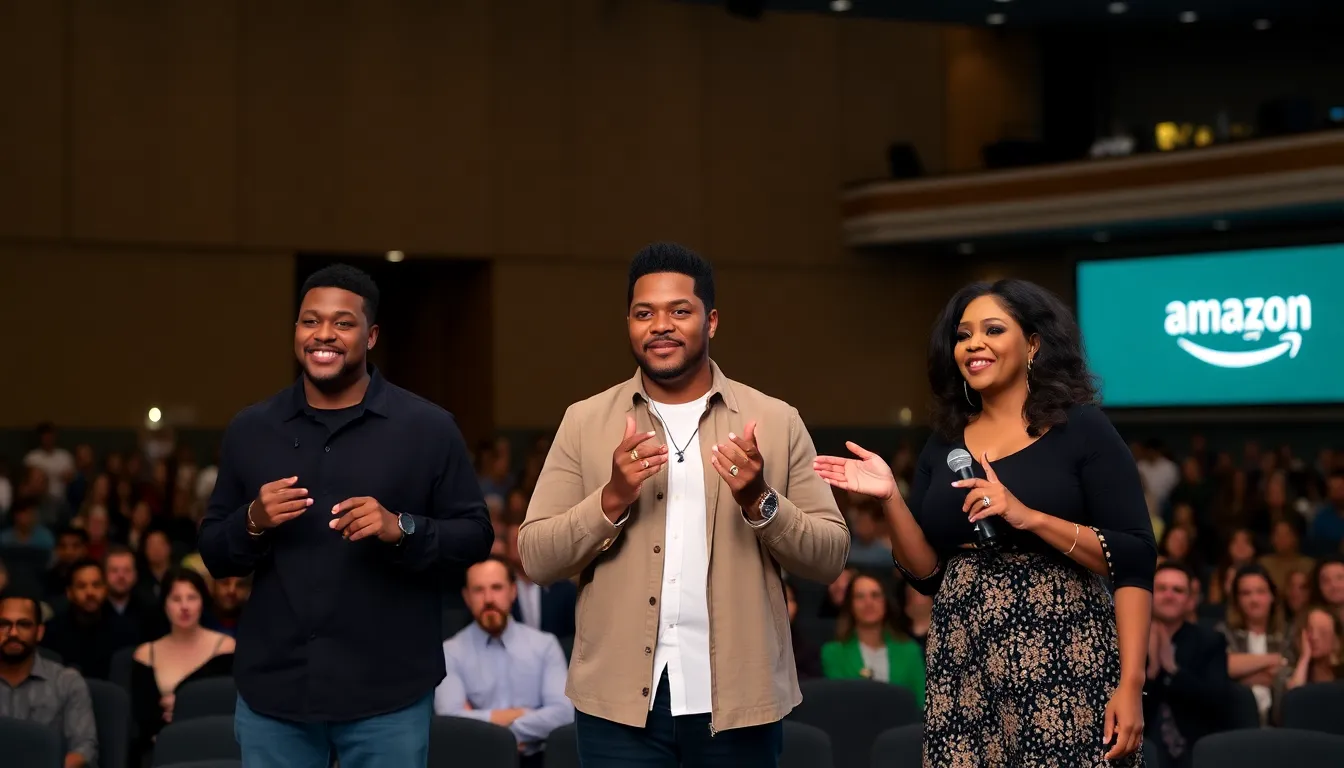 Major celebrities including Michael B. Jordan, Chris Pratt, and Oprah Winfrey gather on stage during Amazon's Upfront presentation to promote the company's advertising strategies and content offerings.