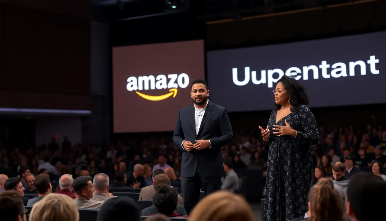 アマゾン・アップフロントの豪華な会場で、業界関係者が集まり熱心にプレゼンテーションを聴いている様子