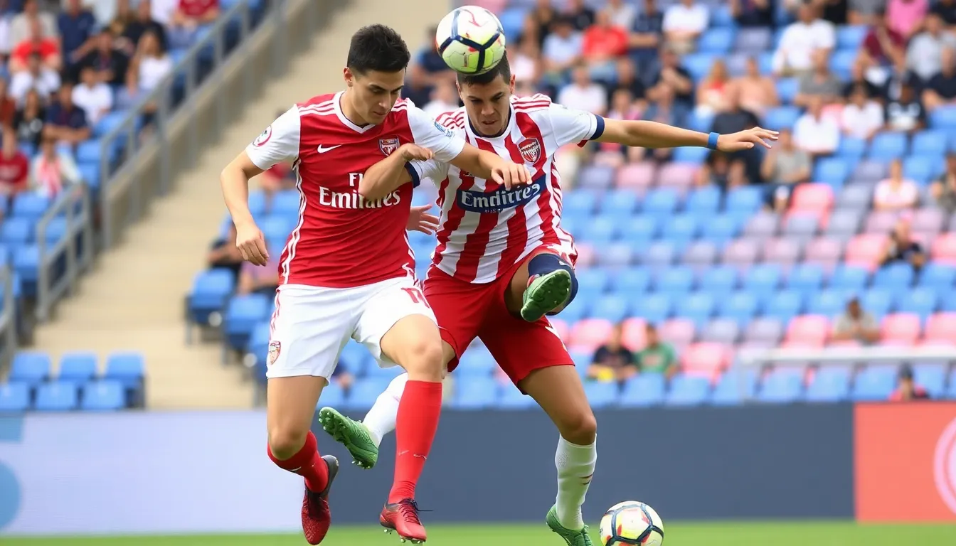 Players from Arsenal and Atlético Madrid are seen on the pitch, engaged in a tense moment during their recent match that ended in a 00 draw.