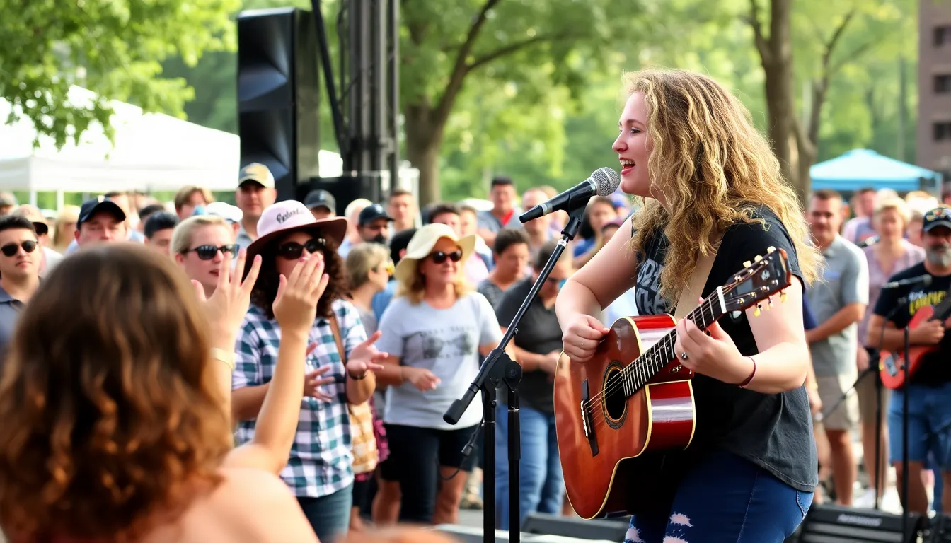 Ashley McBryde performs energetically on stage, captivating the audience with her powerful vocals and heartfelt lyrics during a soldout concert.