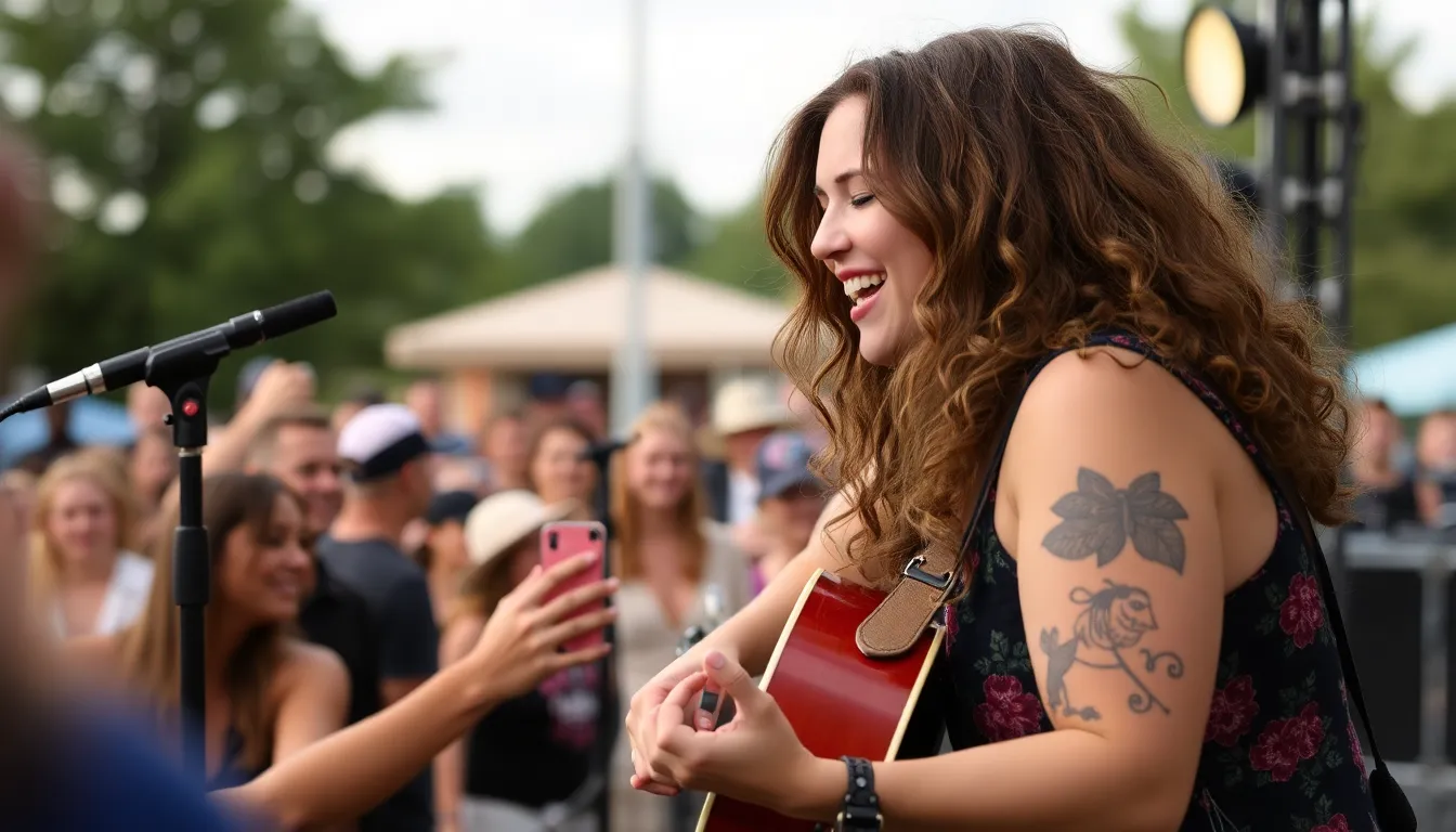 A closeup of Ashley McBryde reveals her determination and authenticity as she confidently expresses herself while playing her guitar
