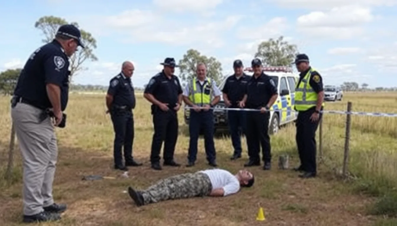 Police officers collaborating with forensic specialists at the scene where the body was discovered, focusing on the ongoing investigation