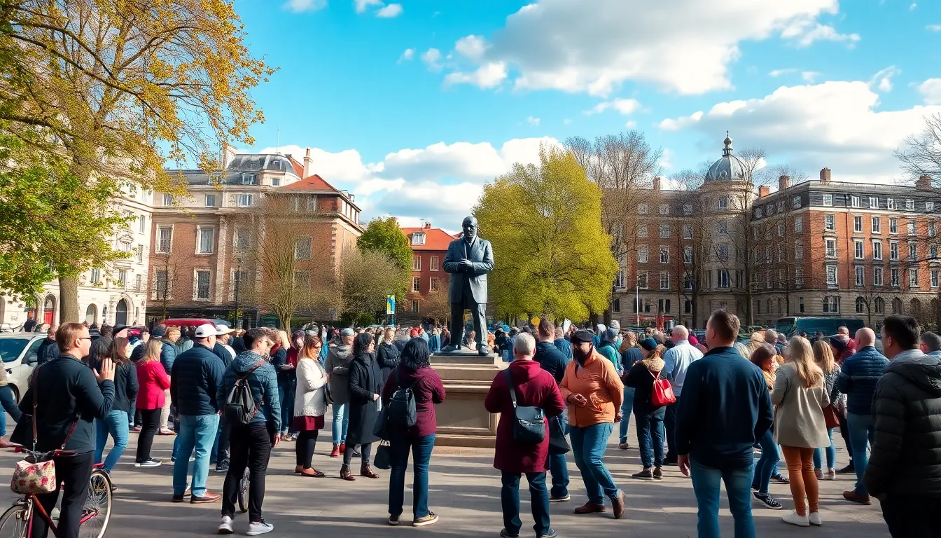 Crowds gather around Banksy's newly unveiled statue, engaging in discussions about its artistic significance and sociopolitical commentary
