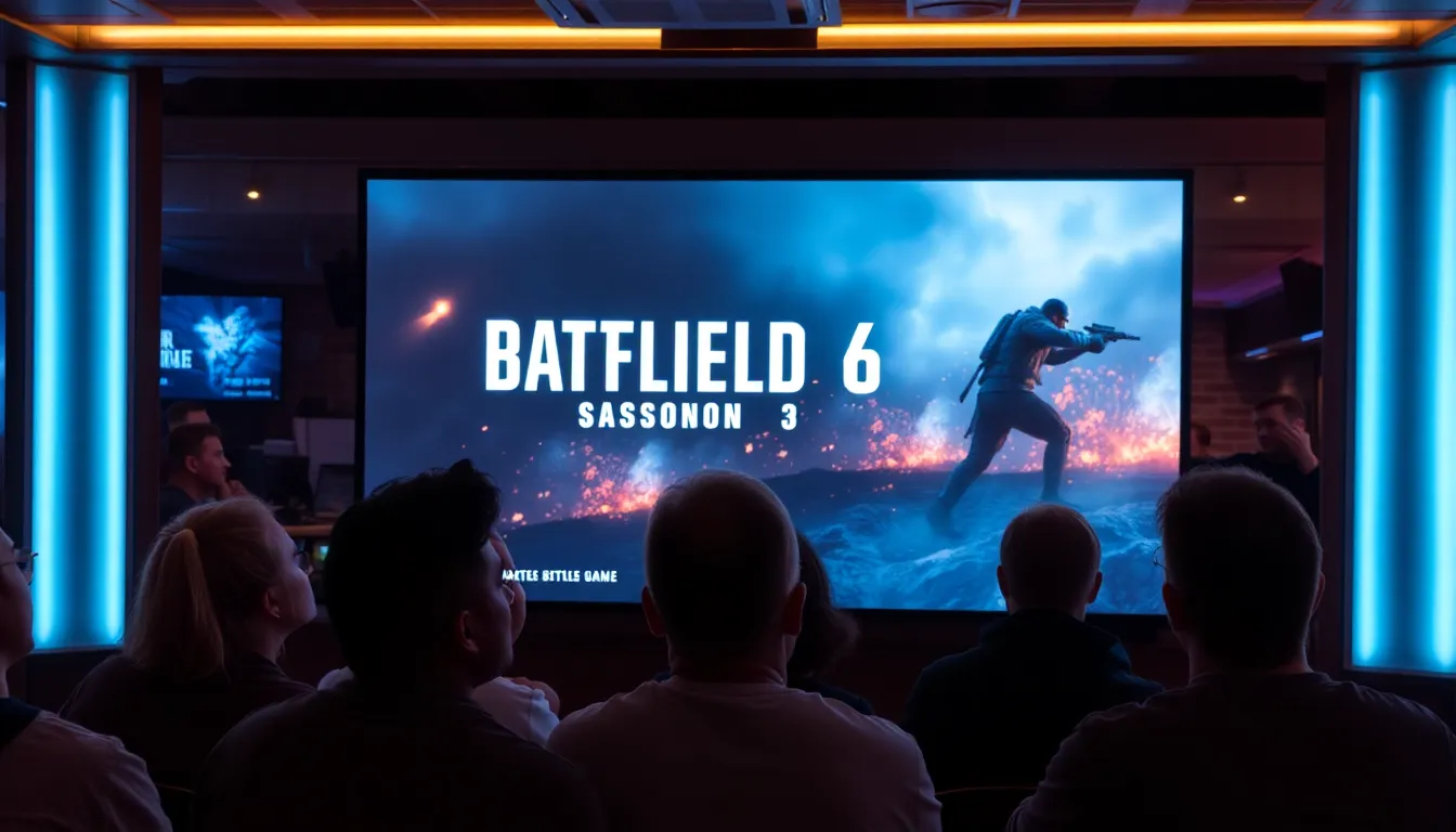 A group of gamers eagerly watches a gameplay trailer on a large screen, their faces illuminated by the excitement of the upcoming Battlefield 6 Season 3 launch.