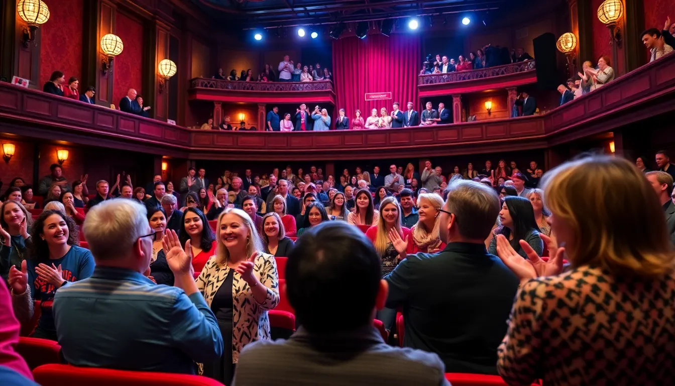 A lively theater audience reacts with laughter and applause during a performance of the new comedy musical "Nowhere Man" at the Lyric Theatre in London's West End.