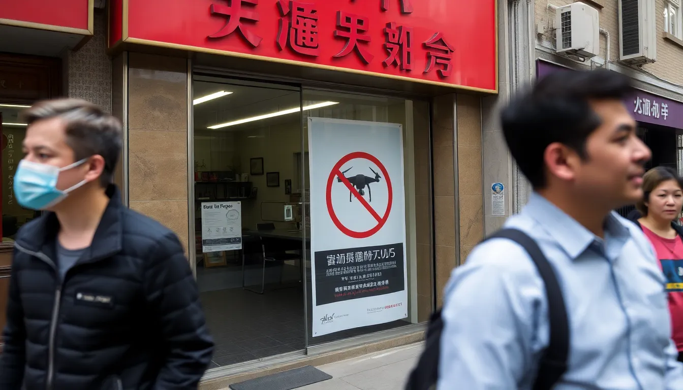 ドローンの販売禁止に関するニュースを報道するメディアの記者たちの様子