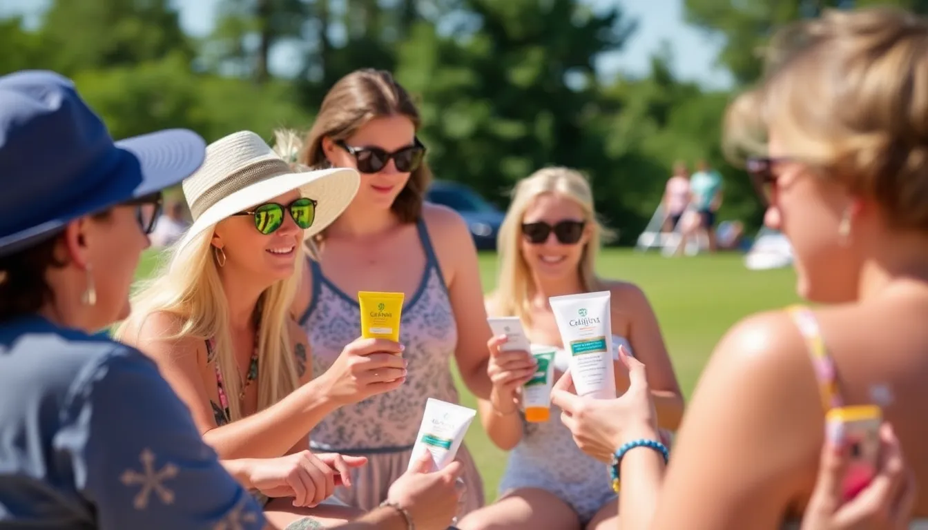 An editor carefully examining a sunscreen bottle, analyzing its ingredients and sustainability claims in a bright, natural light setting