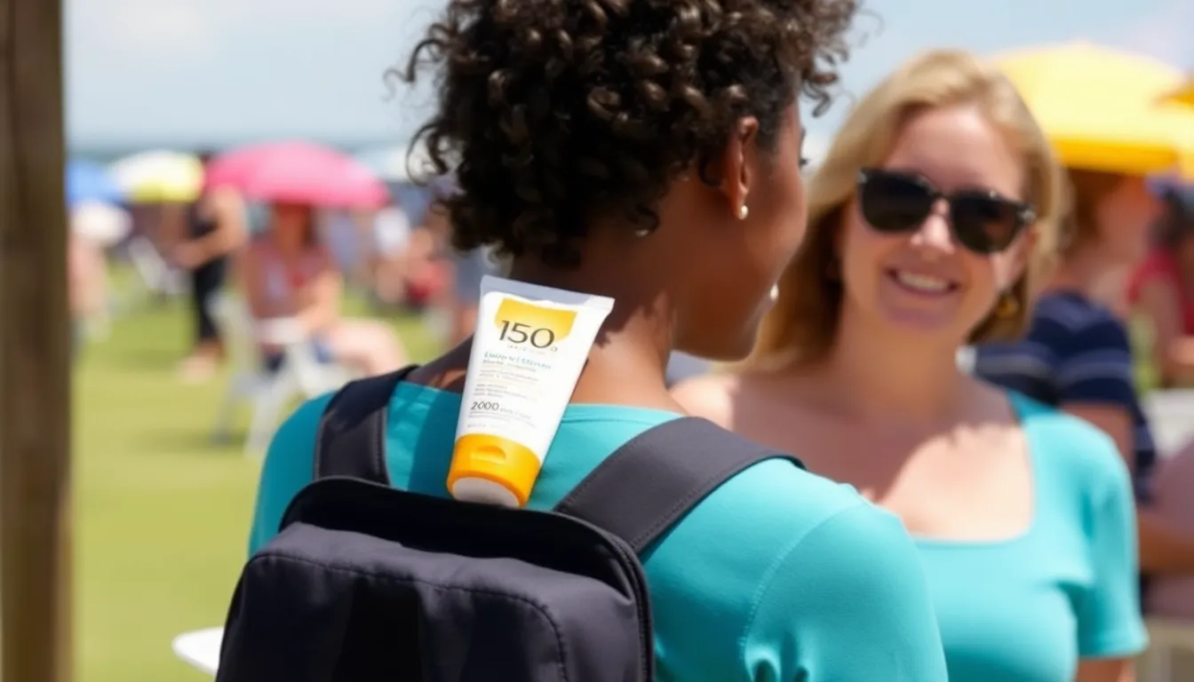 A vibrant beach scene featuring a diverse group of people applying sunscreen, emphasizing the importance of sun protection and skin health in a fun, outdoor environment