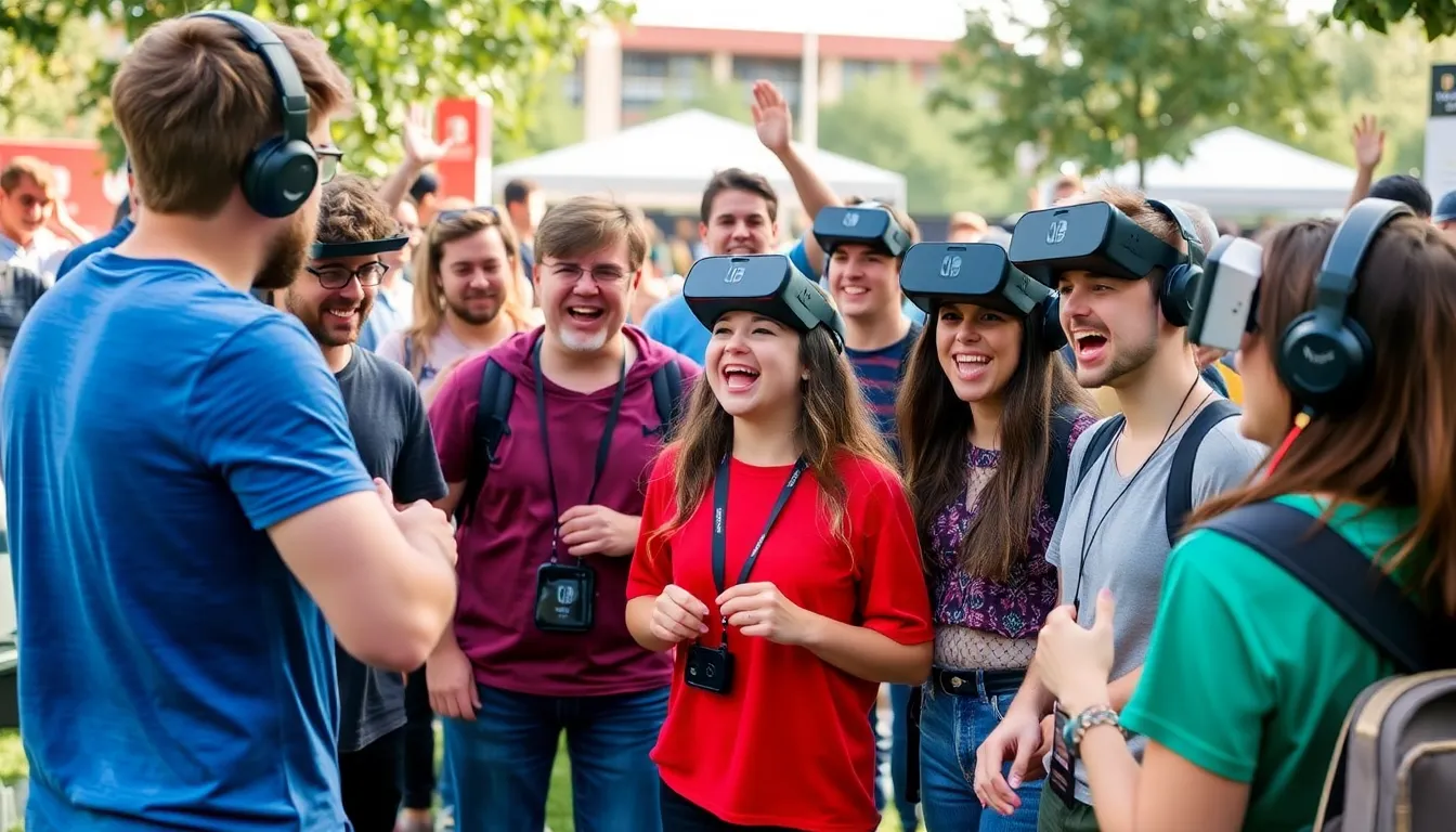 A group of gamers excitedly discusses the upcoming release of two popular VR games on the Nintendo Switch during a gaming convention.