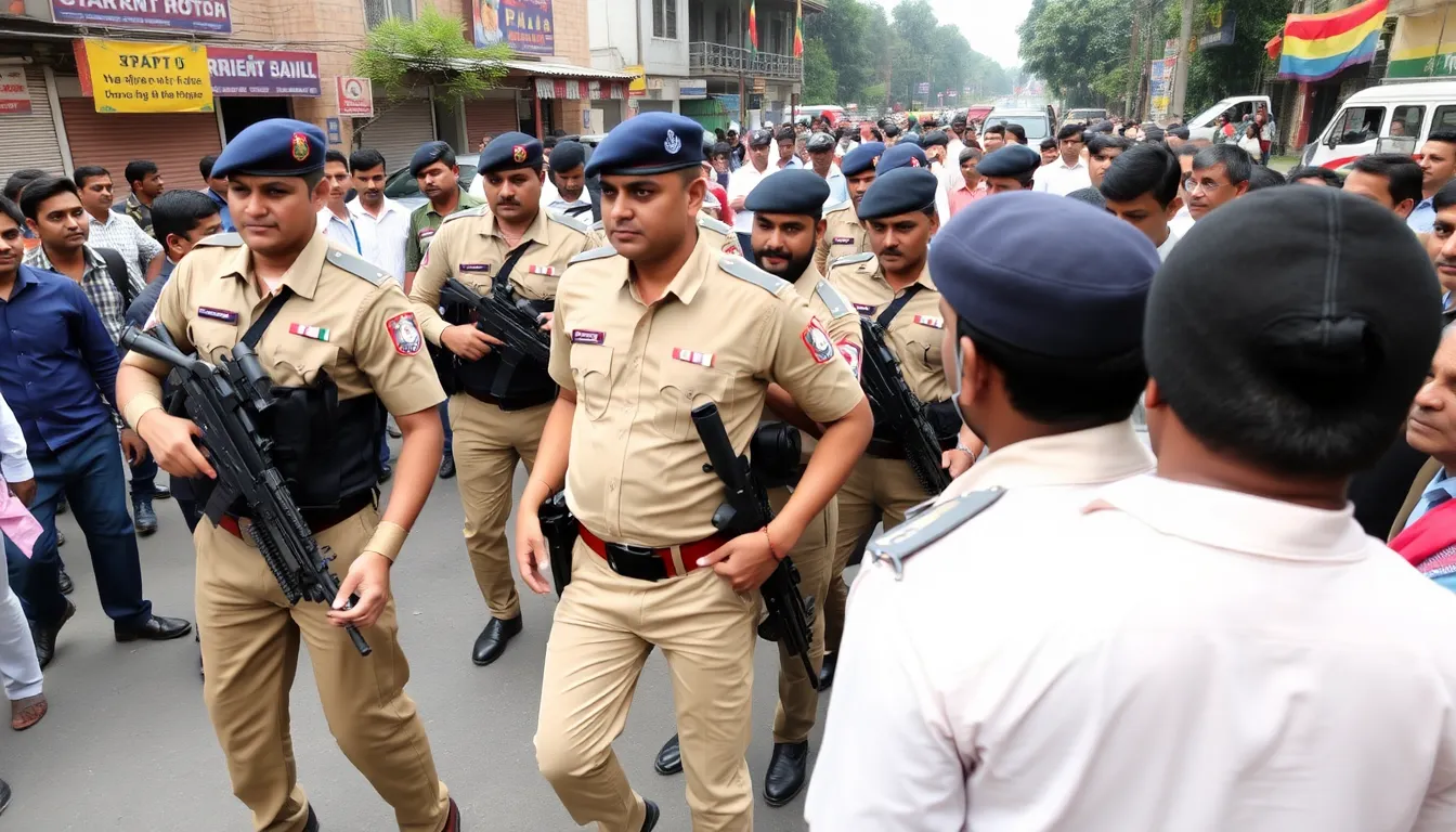 Protesters clash with police in West Bengal as tensions escalate following the shooting of a BJP aide, with demonstrators holding banners and shouting slogans amid a heavy police presence.