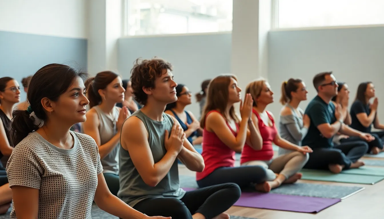 A group of people participates in a mindfulness workshop, practicing box breathing techniques in a serene indoor setting with soft lighting and calming decor.