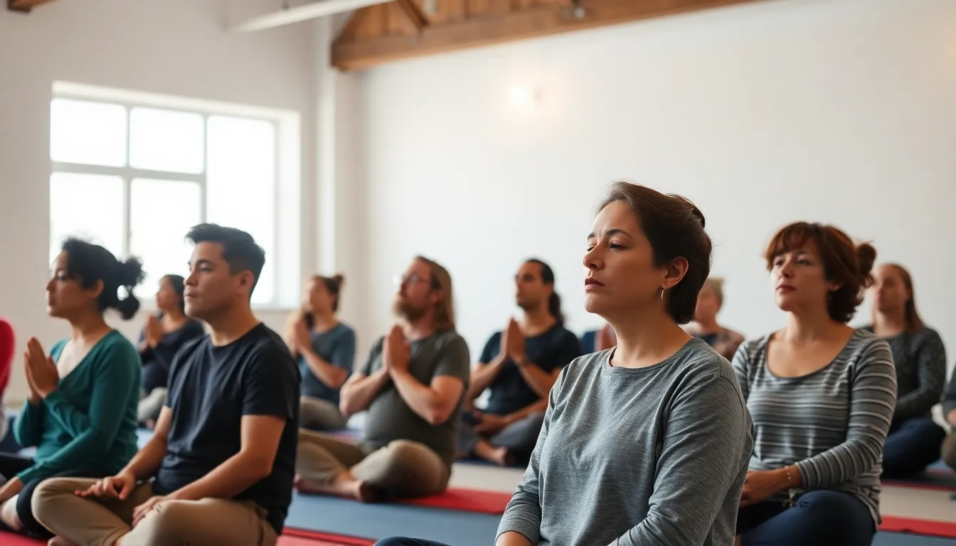 A group of individuals engaged in a wellness workshop, learning about box breathing as a method for stress management and emotional wellbeing
