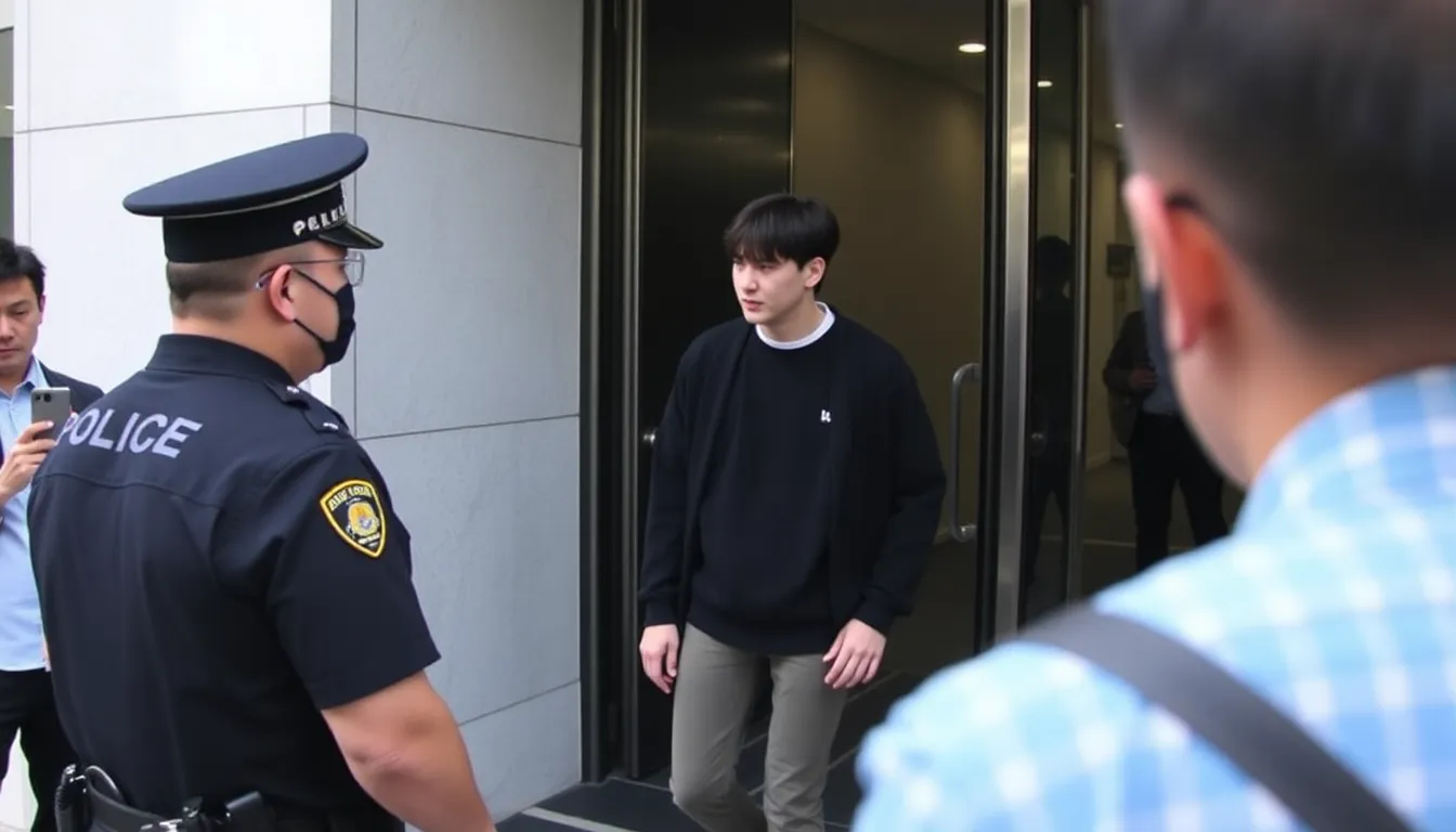 A man is being escorted by law enforcement officers as he arrives at the airport in South Korea following his extradition in connection with a hacking attempt on BTS star Jungkook.