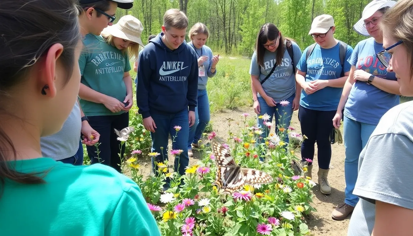 A group of conservation volunteers planting native flora in a butterfly garden, actively working to restore habitats for declining species