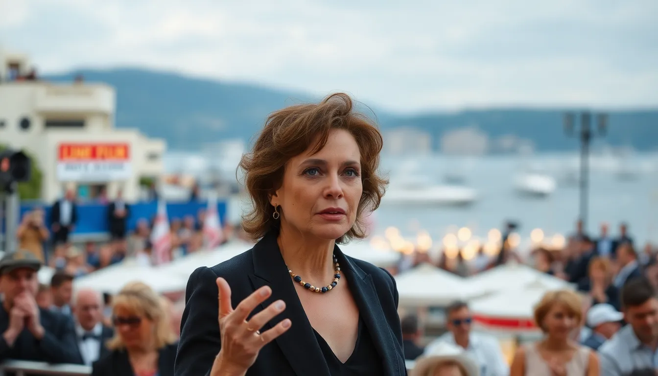 Marie Kreutzer speaks to an audience at the Cannes Film Festival, passionately discussing the themes of trust and betrayal in her film Gentle Monster.