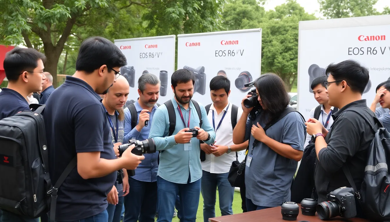 A group of videographers tests the new Canon EOS R6 V camera in a welllit studio, showcasing its screenbased shooting capabilities and advanced features.