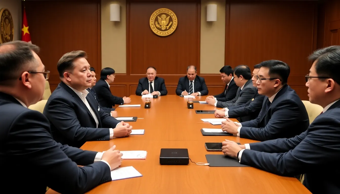 Elon Musk and Jensen Huang are seen walking alongside Donald Trump as they prepare for a significant diplomatic trip to China, highlighting the intersection of business and international relations.