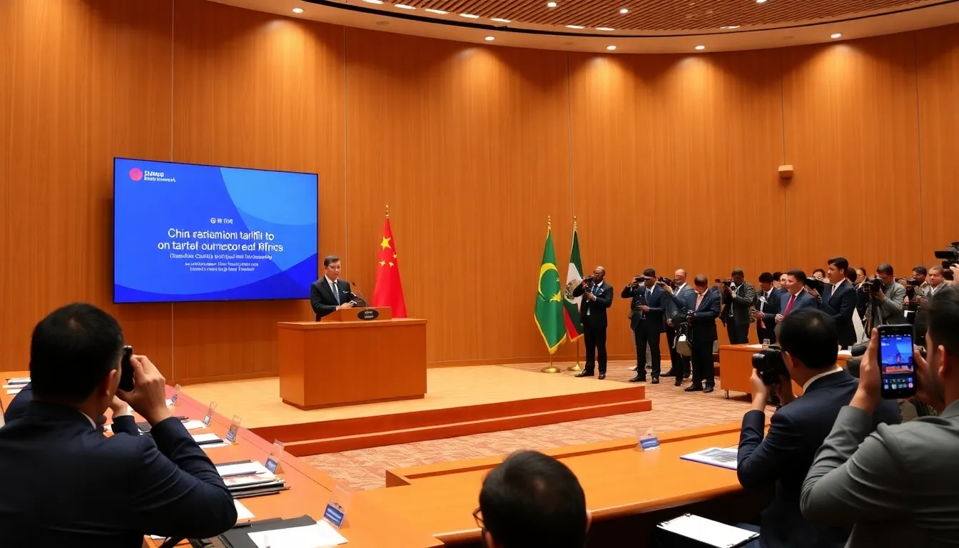 A group of African leaders gathers at a conference table, discussing trade agreements following China's announcement to eliminate tariffs on imports from nearly all African nations.