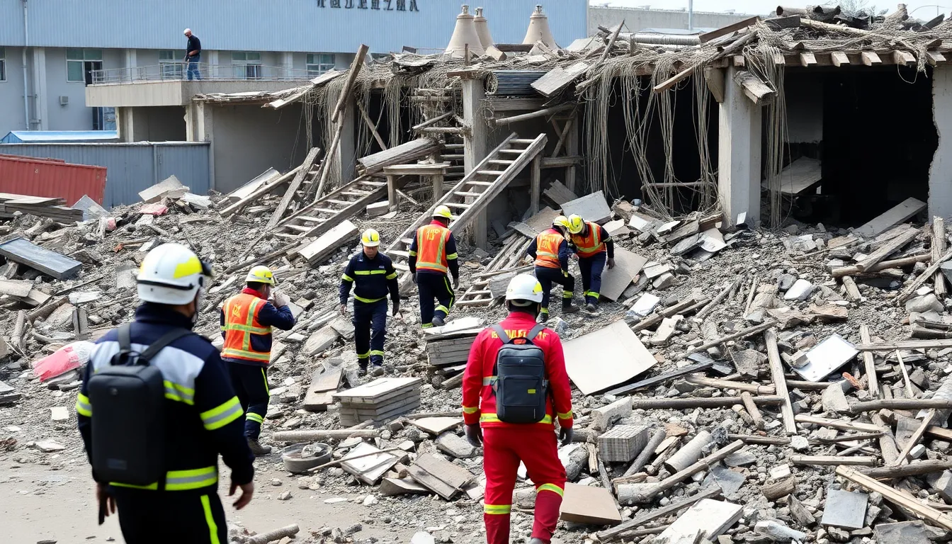 Rescue workers sift through debris at the site of a deadly explosion in a fireworks factory in Liuyang, China, where 26 lives were lost.