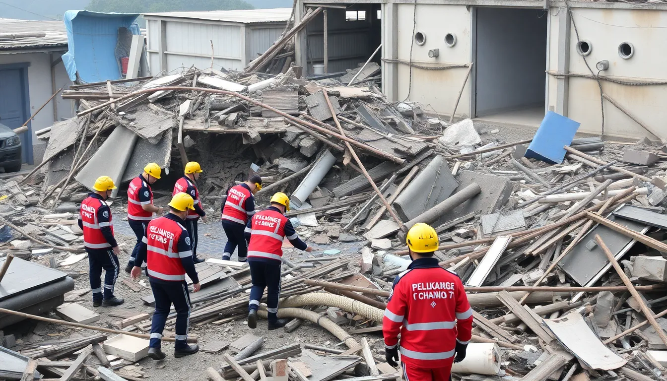 A group of grieving family members gathered outside the factory, reflecting the deep emotional impact of the tragic event that claimed 26 lives