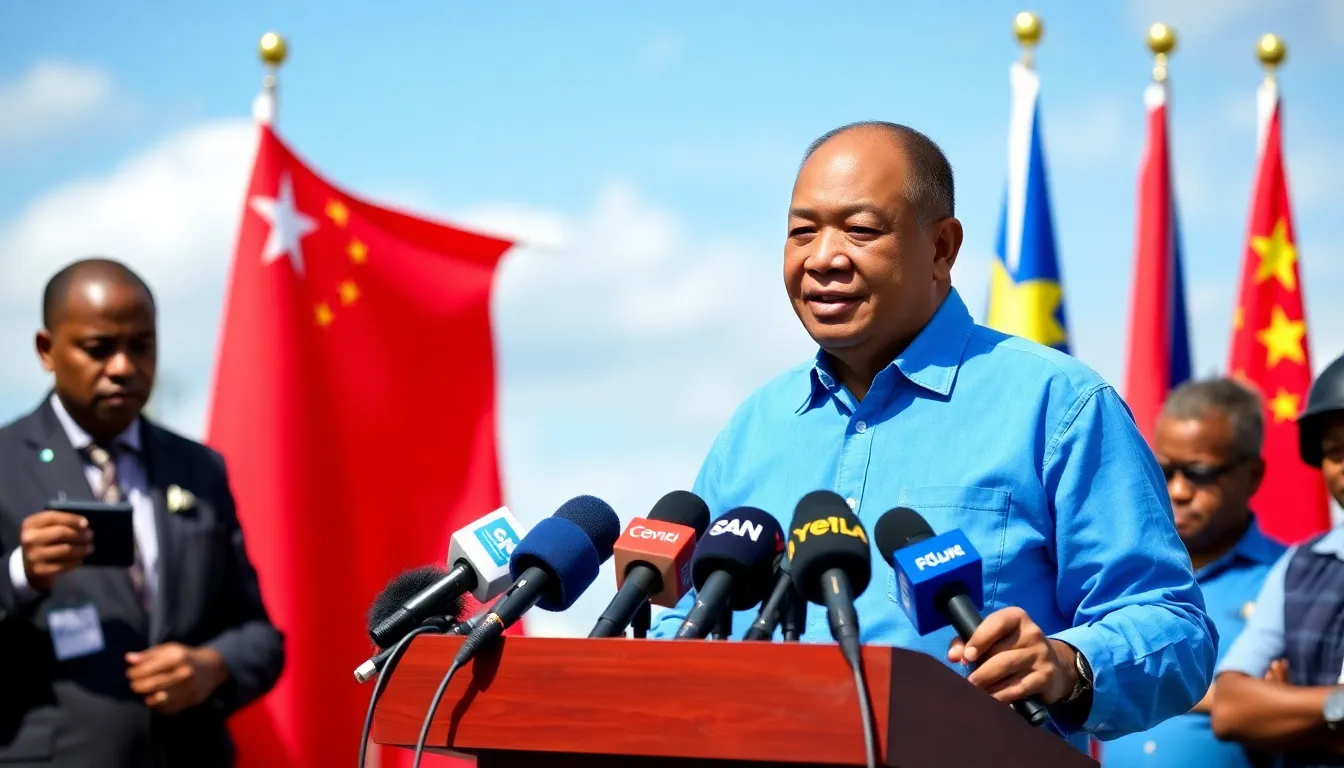 The newly elected Prime Minister of the Solomon Islands addresses a crowd of supporters, emphasizing a shift in foreign policy towards strengthening ties with traditional allies.