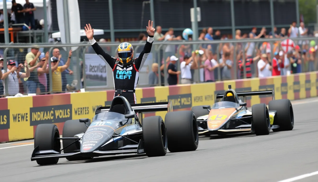 Christian Lundgaard celebrates his victory after overtaking David Malukas during the final laps of the Indianapolis race.