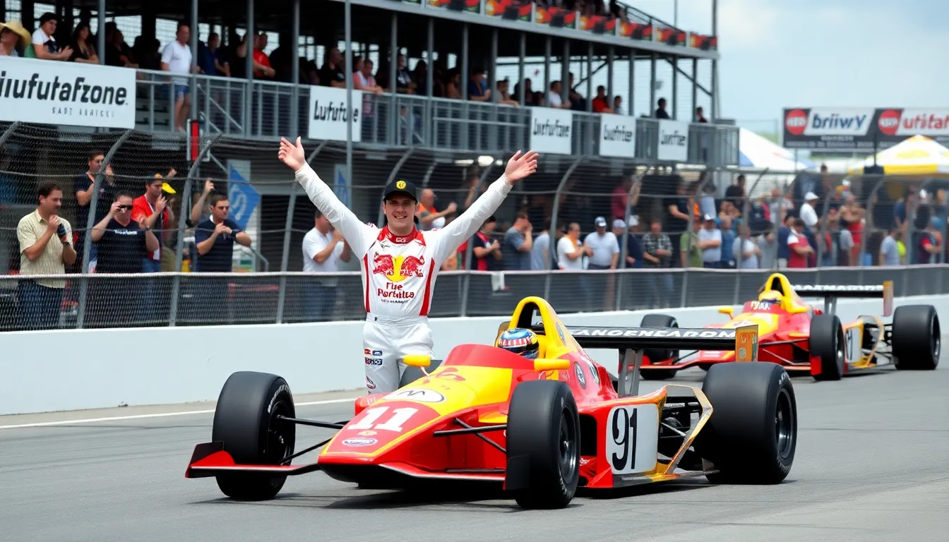 The Indianapolis Motor Speedway buzzes with energy as fans cheer passionately for their favorite drivers, capturing the essence of motorsport excitement