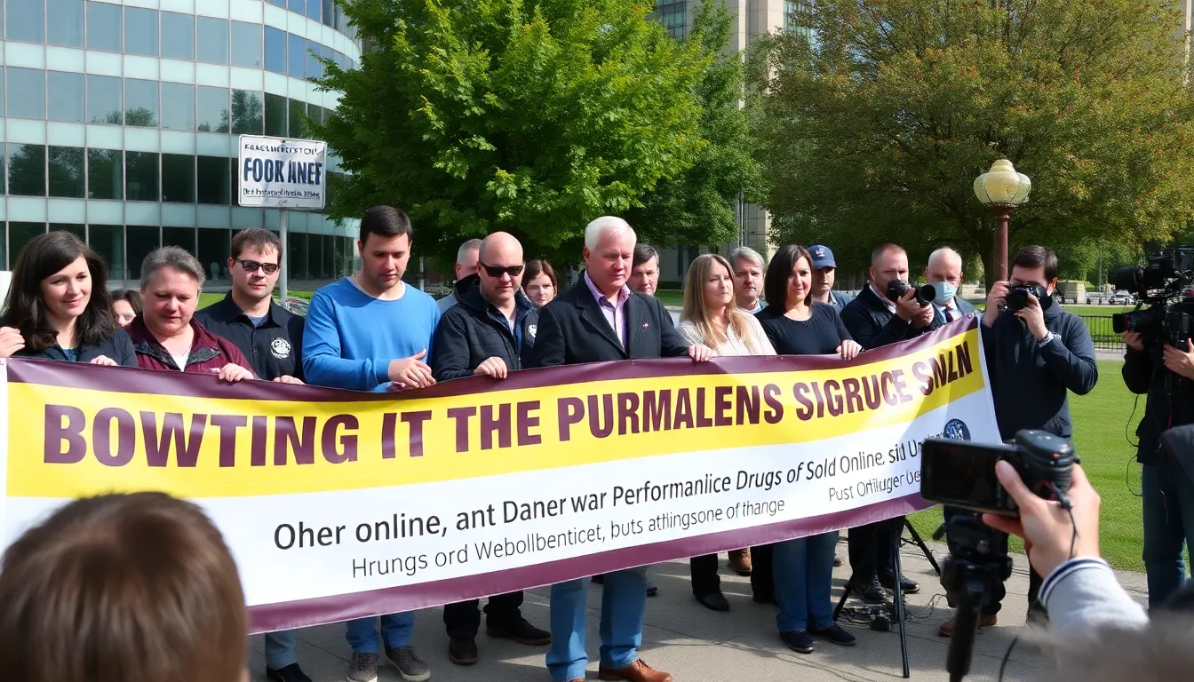 A group of health officials holds a press conference to address the rising concerns over the online sale of dangerous performance enhancers, emphasizing the need for public awareness and regulatory action.