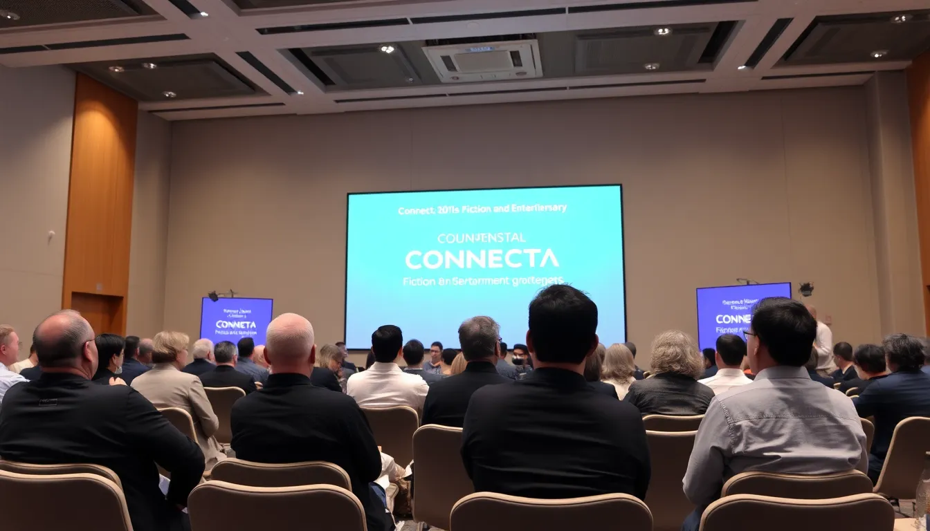 Attendees engage in discussions at the Conecta Fiction & Entertainment event in Magaluf, Mallorca, highlighting the latest trends in AI and the creator economy.