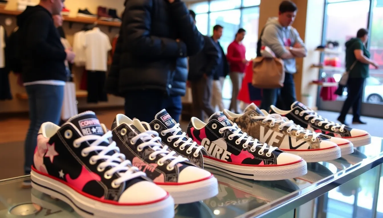 A group of sneaker enthusiasts eagerly examines the newly unveiled Converse sneakers inspired by basketball legends Michael Jordan and Larry Bird at a launch event.