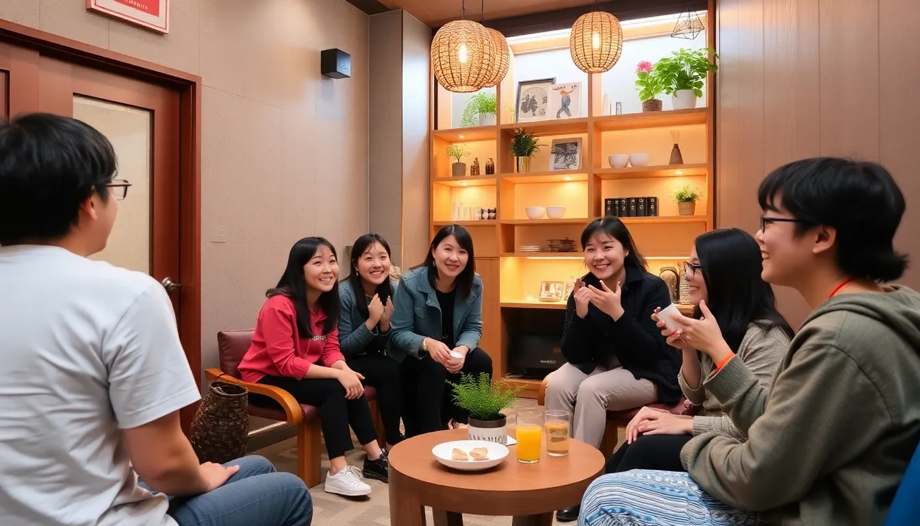 Visitors interact with colorful art installations in a creatively designed space that merges technology and local culture in Seoul.