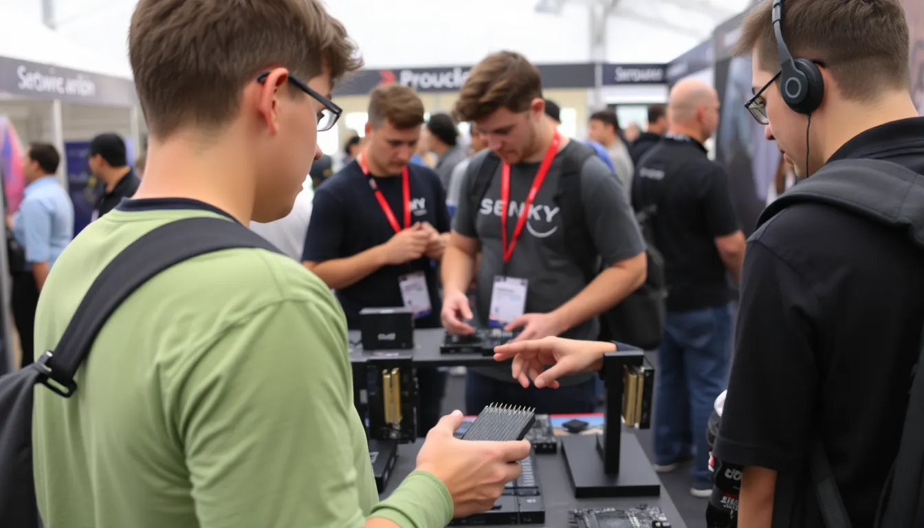 A crowded electronics store showcases eager customers examining the latest gaming consoles and components, reflecting the heightened demand driven by advancements in artificial intelligence.