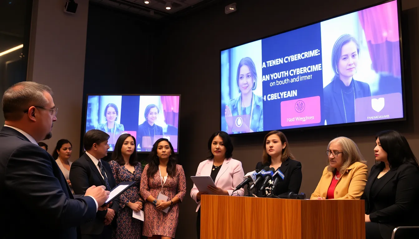 A group of law enforcement officials discusses strategies to combat the rising threats of cybercrime and physical violence during a press conference.