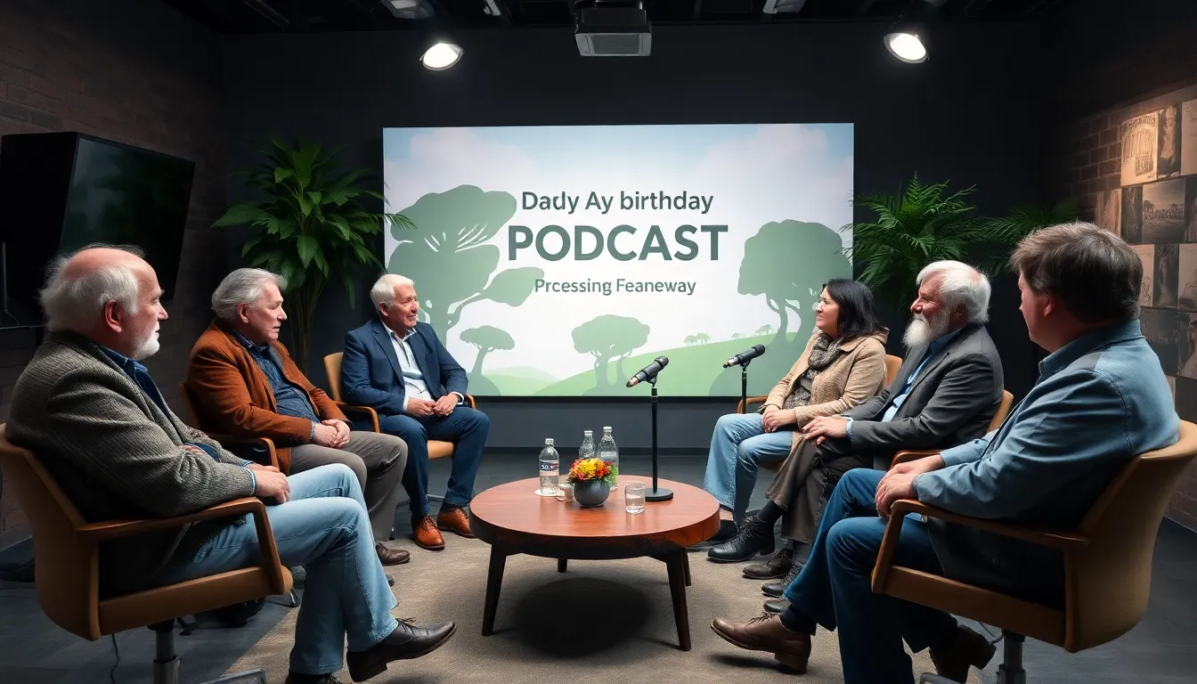 A group of conservationists and scientists gather around microphones in a studio, discussing David Attenborough's influence on wildlife awareness during a special podcast celebrating his 100th birthday.