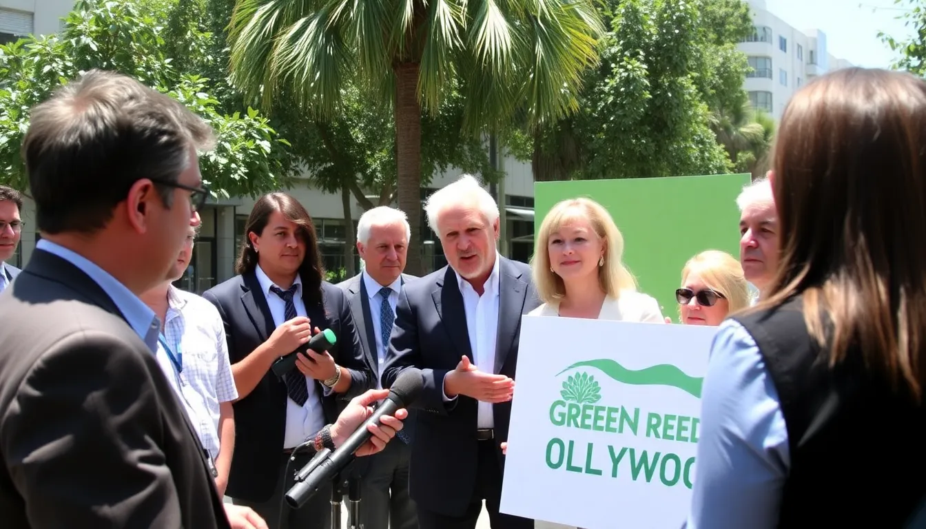 A vibrant scene at an outdoor event, where attendees engage in discussions about the intersection of cinema and environmental advocacy, inspired by Attenborough's work