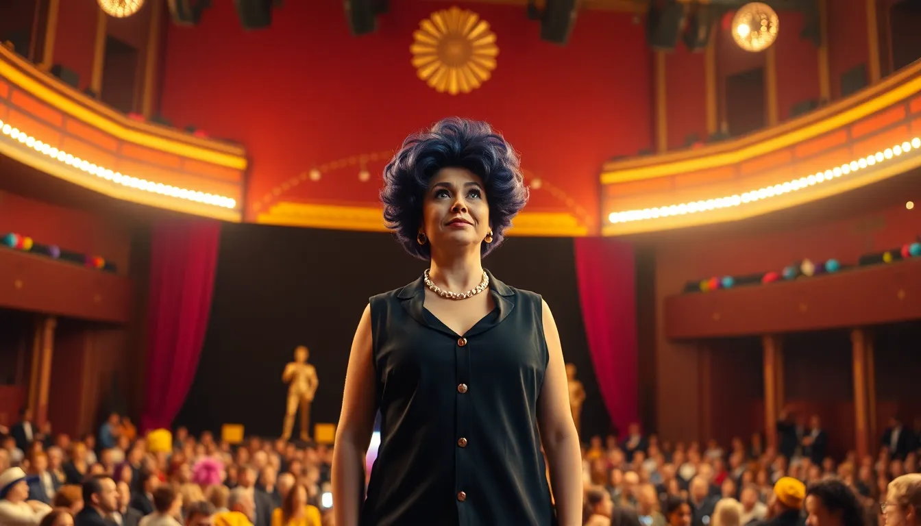 A drag performer, inspired by Liza Minnelli, captivates an audience with a vibrant costume and dynamic dance moves during a lively stage show.
