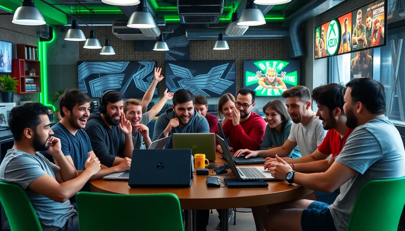 A group of gamers excitedly discusses the new partnership between Discord and Xbox, with a banner announcing the collaboration displayed in the background.
